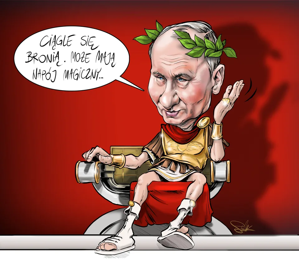 Karykatura postaci w kostiumie rzymskiego cezara z wieńcem laurowym, ze sceną i dymkiem — rysunek prasowy